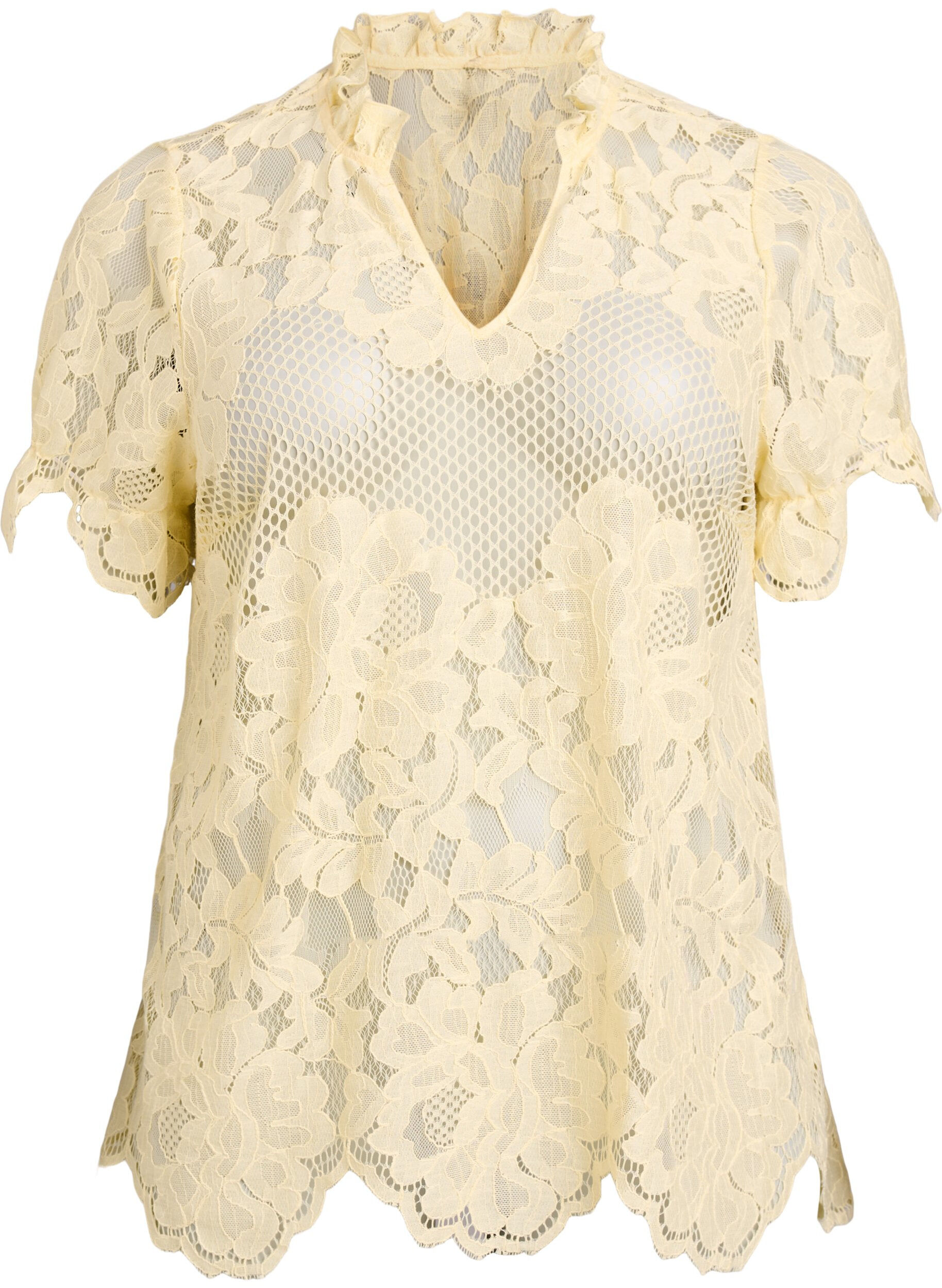 ZizzifashionLace blouse with ruffle collar and short sleeves, Yellow, Packshot image number 0