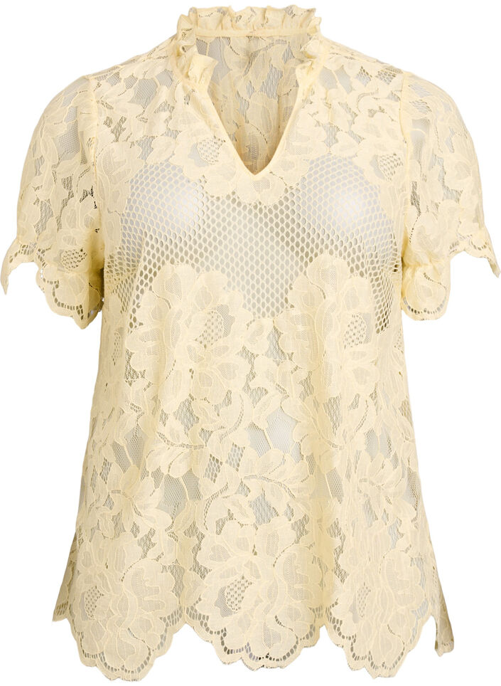 Lace blouse with ruffle collar and short sleeves, Yellow, Packshot image number 0