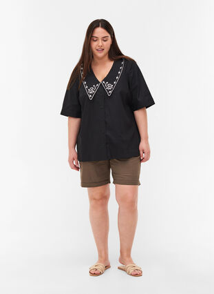 Short-sleeved shirt in cotton with a large collar, Black w. White, Model image number 2