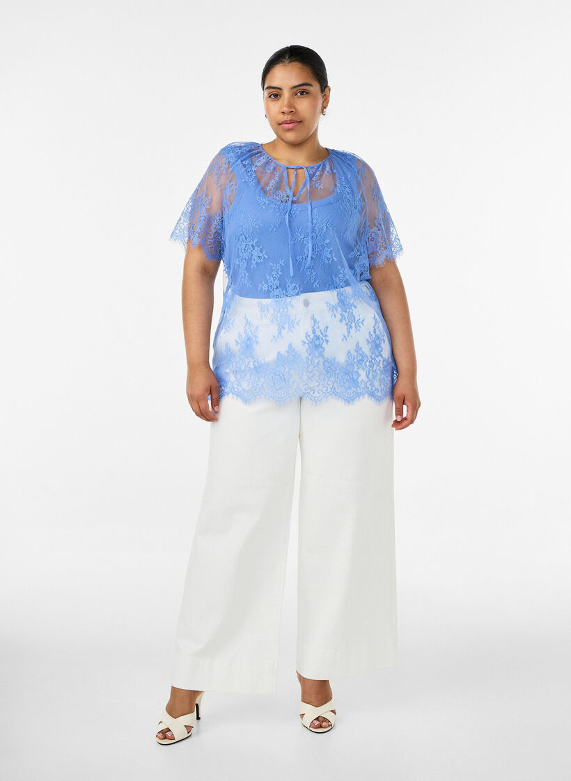 Short-sleeved lace blouse with tie-fastening, Purple, Model image number 1