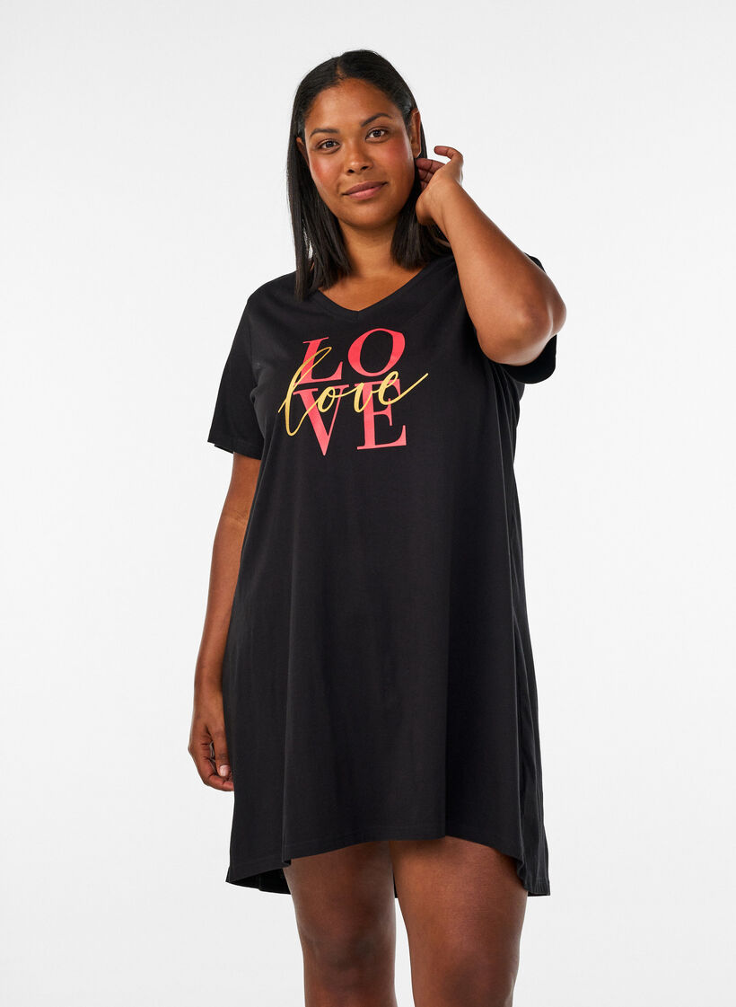 Organic cotton nightdress with V-neck, Black, Model image number 0
