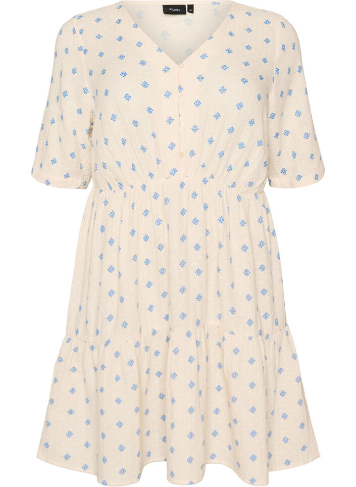 Printed cotton dress with an elasticated waist, Beige, Packshot image number 0