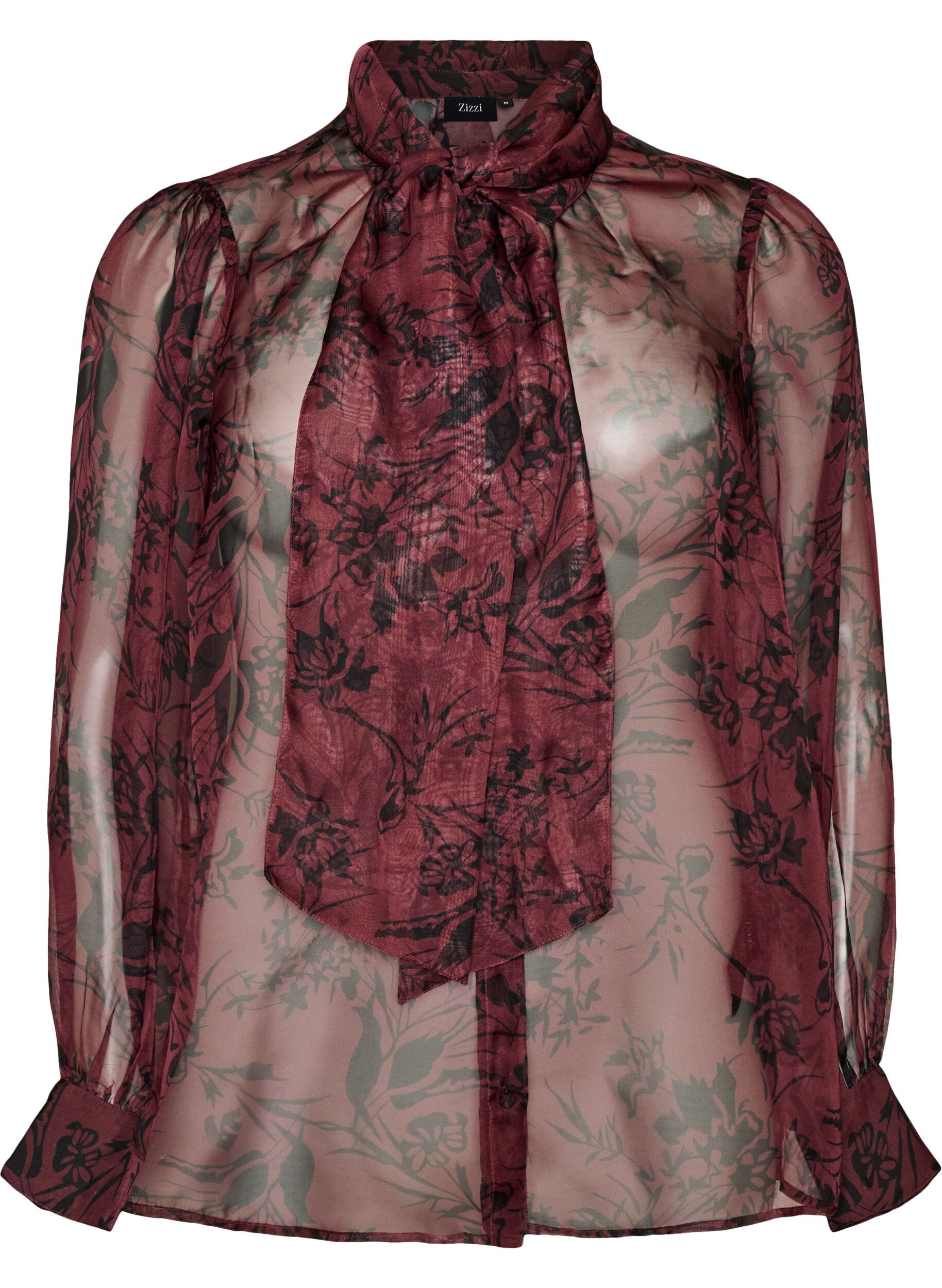 ZizzifashionSheer shirt blouse with floral pattern and tie detail, Dark Bordeaux, Packshot image number 0