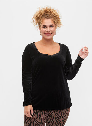 Velour top with long sleeves, Black, Model image number 0