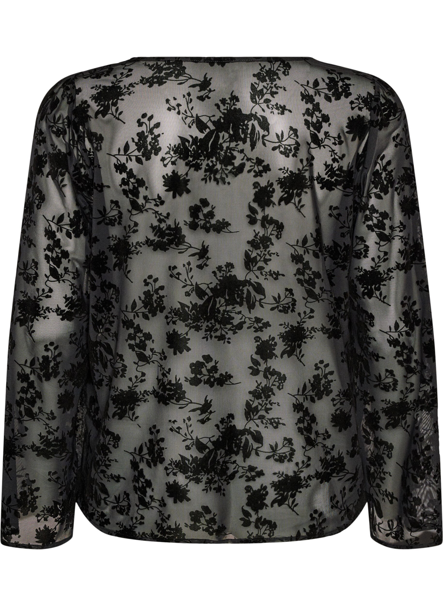 ZizzifashionMesh blouse with floral pattern and open front, Black, Packshot image number 1