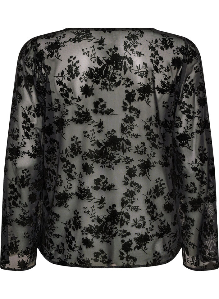 Mesh blouse with floral pattern and open front, Black, Packshot image number 1