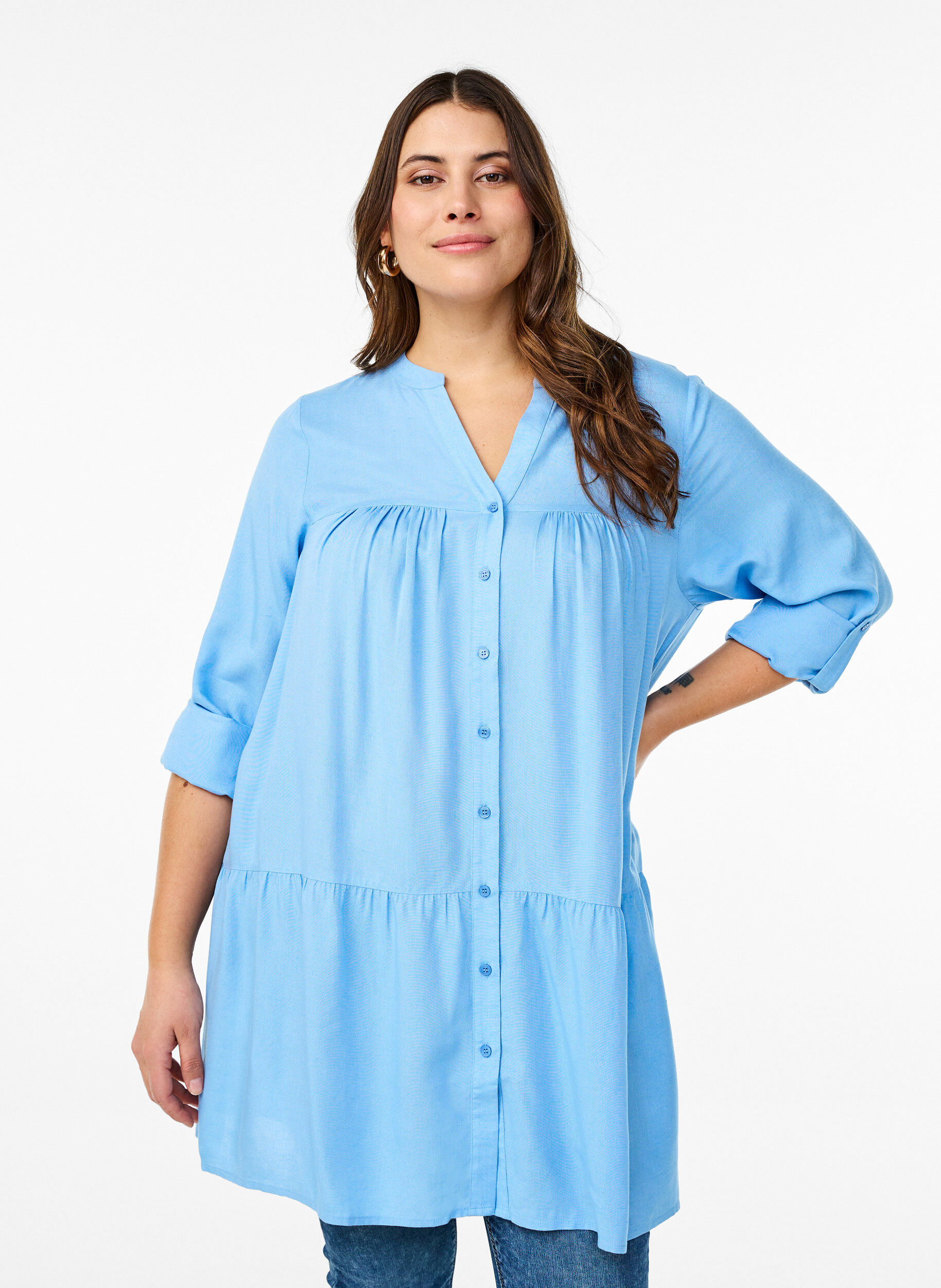 Tunic with V-neckline and gathered details, Light Blue, Model