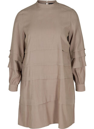 Viscose dress with long sleeves and pleating, Desert Taupe, Packshot image number 0
