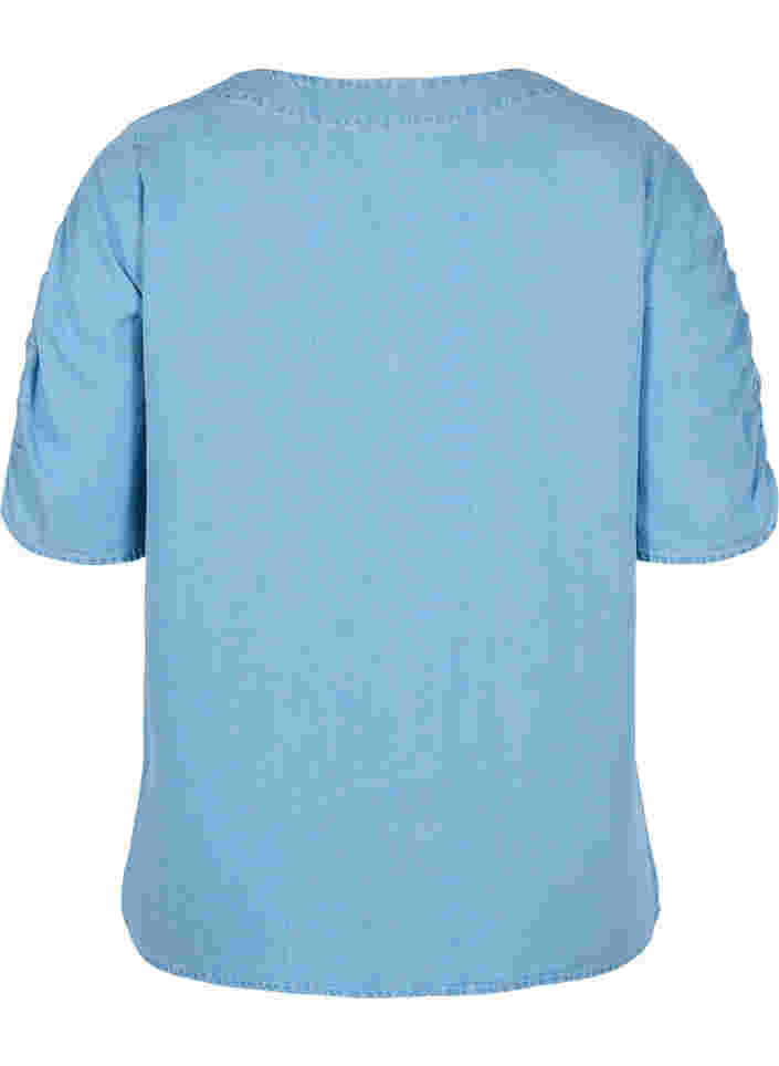 Blouse with draped sleeves, Light blue denim, Packshot image number 1