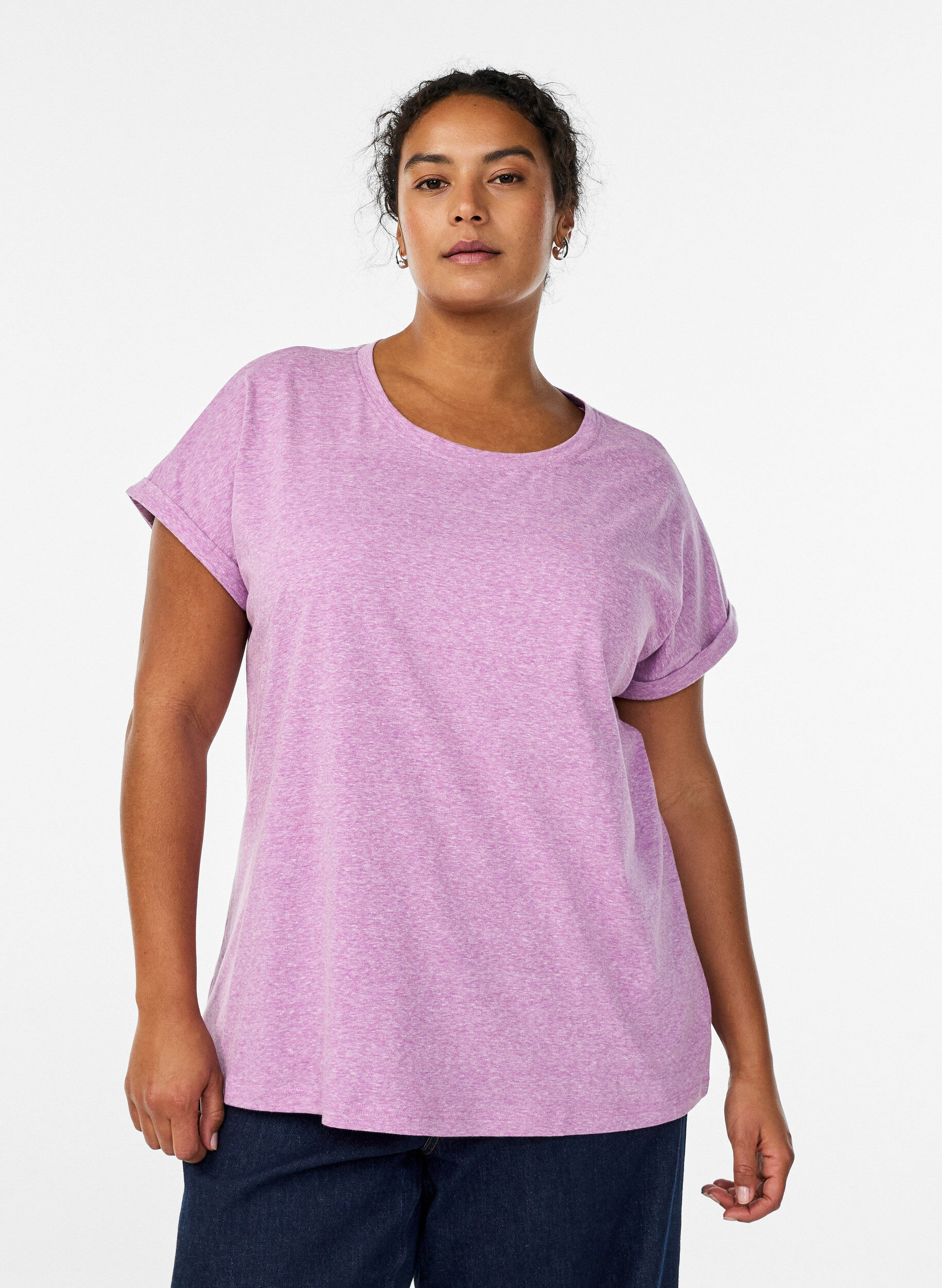 Melange t-shirt with short sleeves, Purple, Model