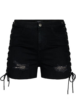 Ripped denim shorts with drawstring waistband, Black Denim, Packshot image number 0