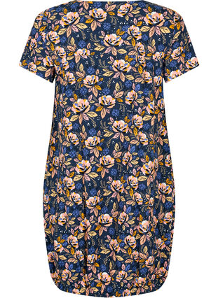 Short-sleeved, printed cotton dress, Blue Orange Flower, Packshot image number 1