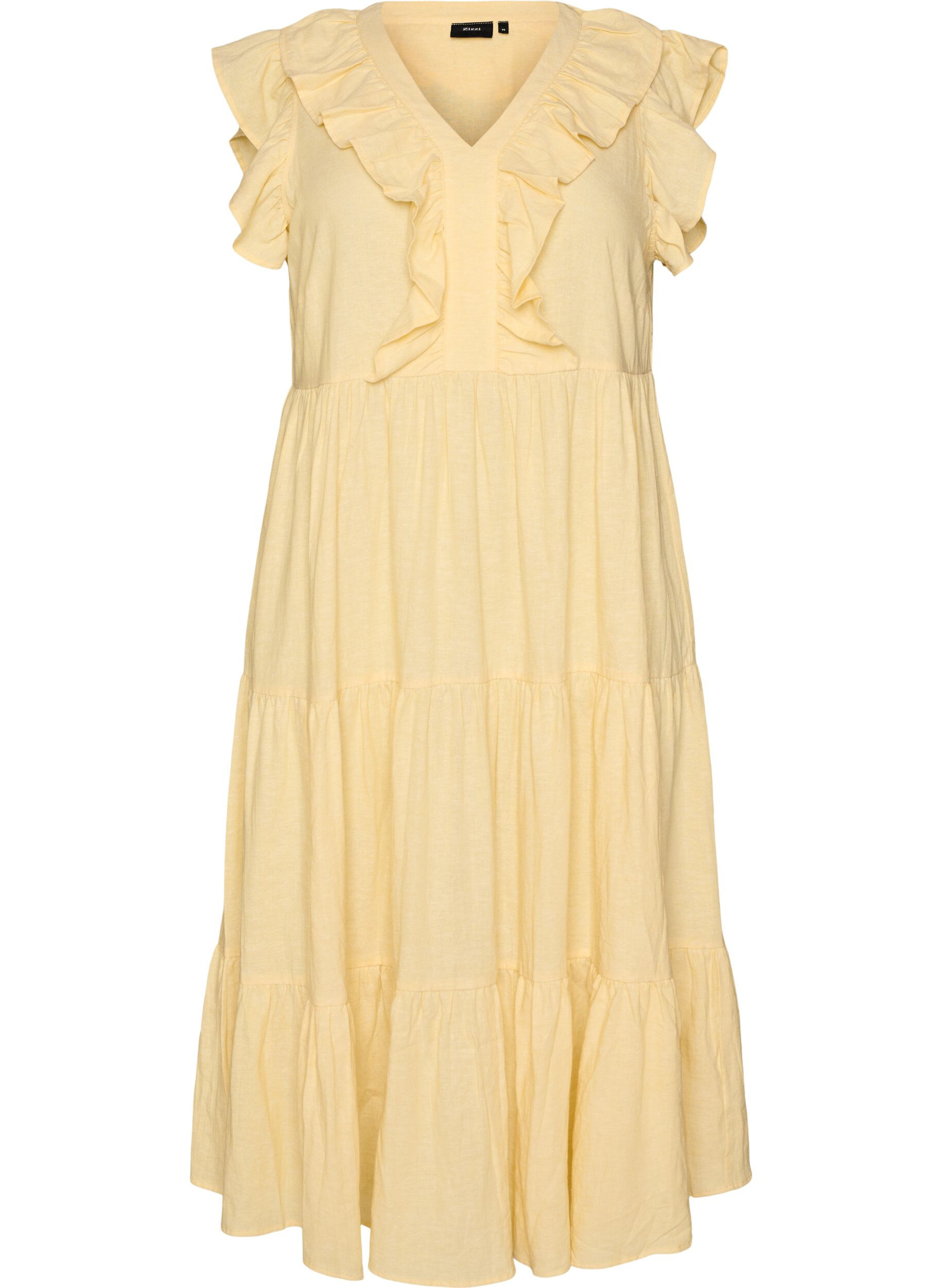 Sleeveless midi dress in linen and viscose with ruffles