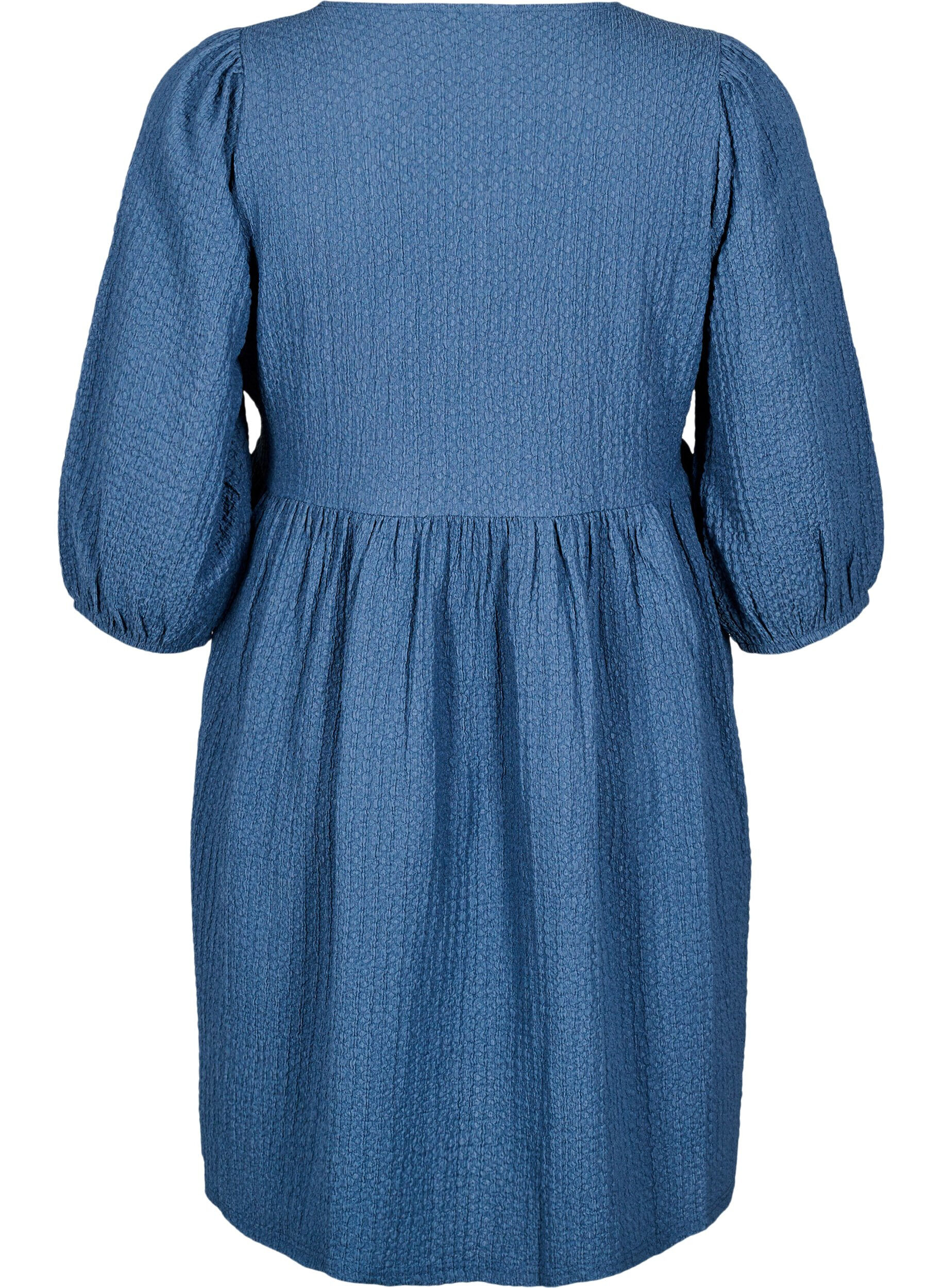 Zizzifashion FLASH - Short dress with texture and 3/4 sleeves, Sargasso Sea, Packshot image number 1