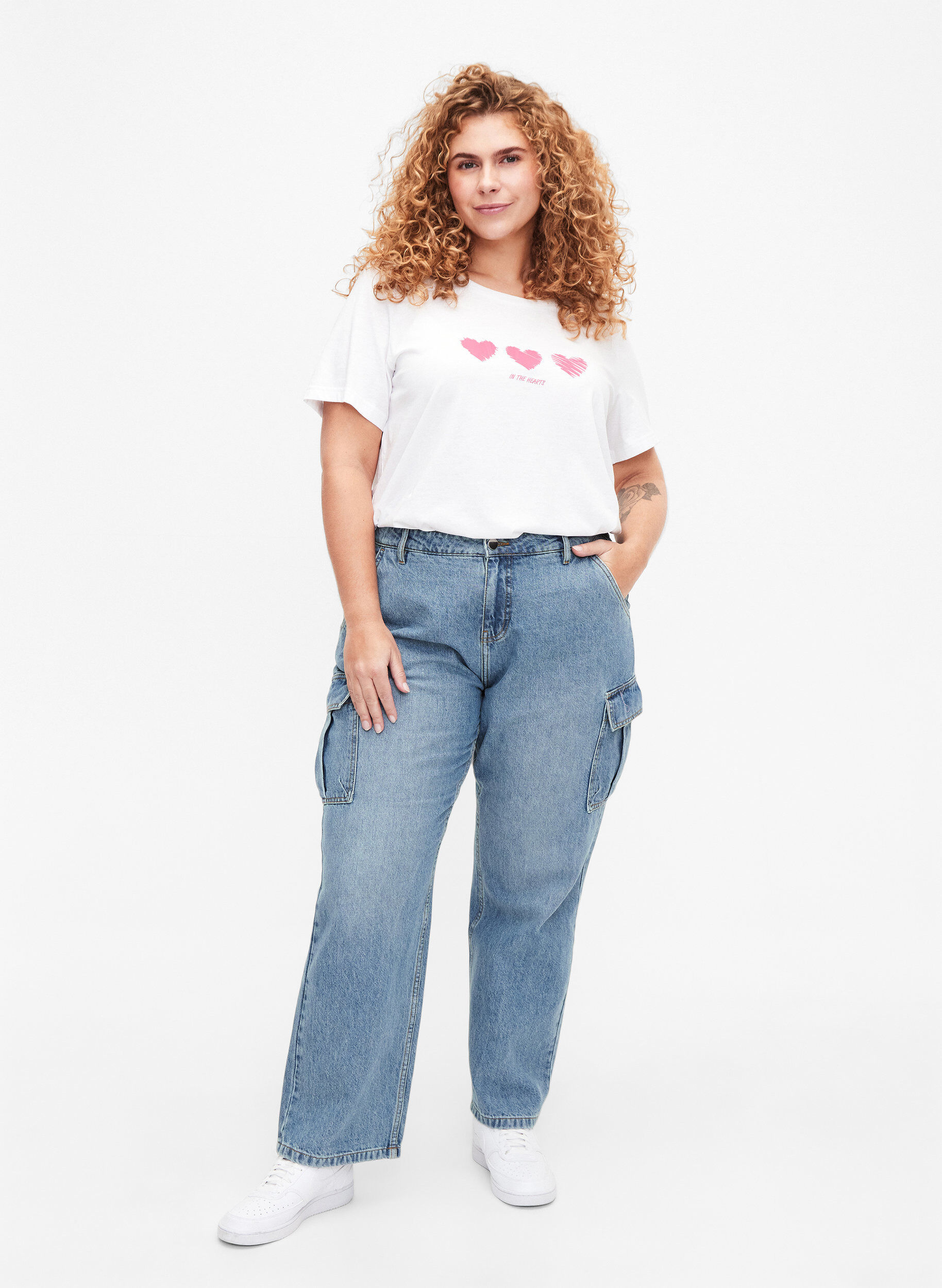 Zizzifashion Crew neck cotton T-shirt with print, B. White W. Hearts, Model image number 2