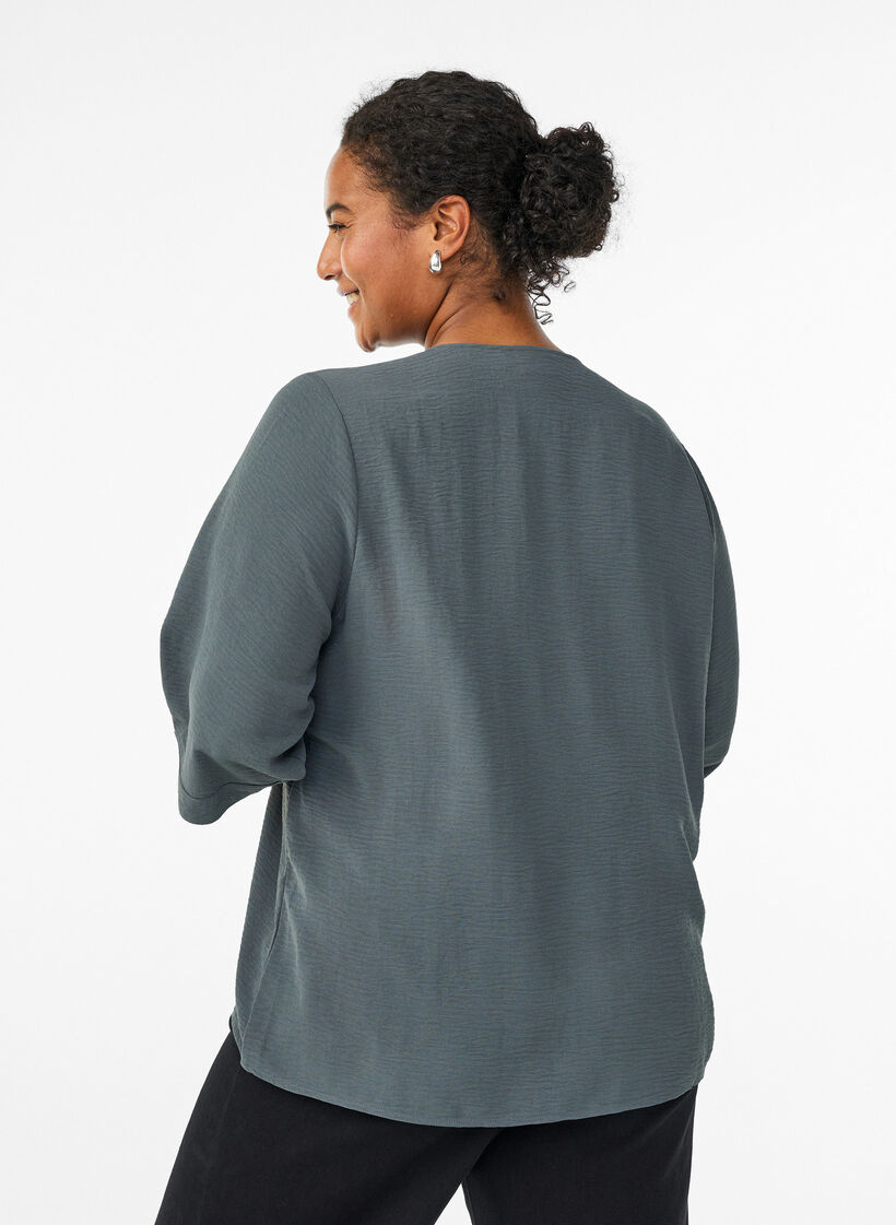 Shirt Blouse with V-Neck and 3/4 Sleeves, Green, Model image number 2