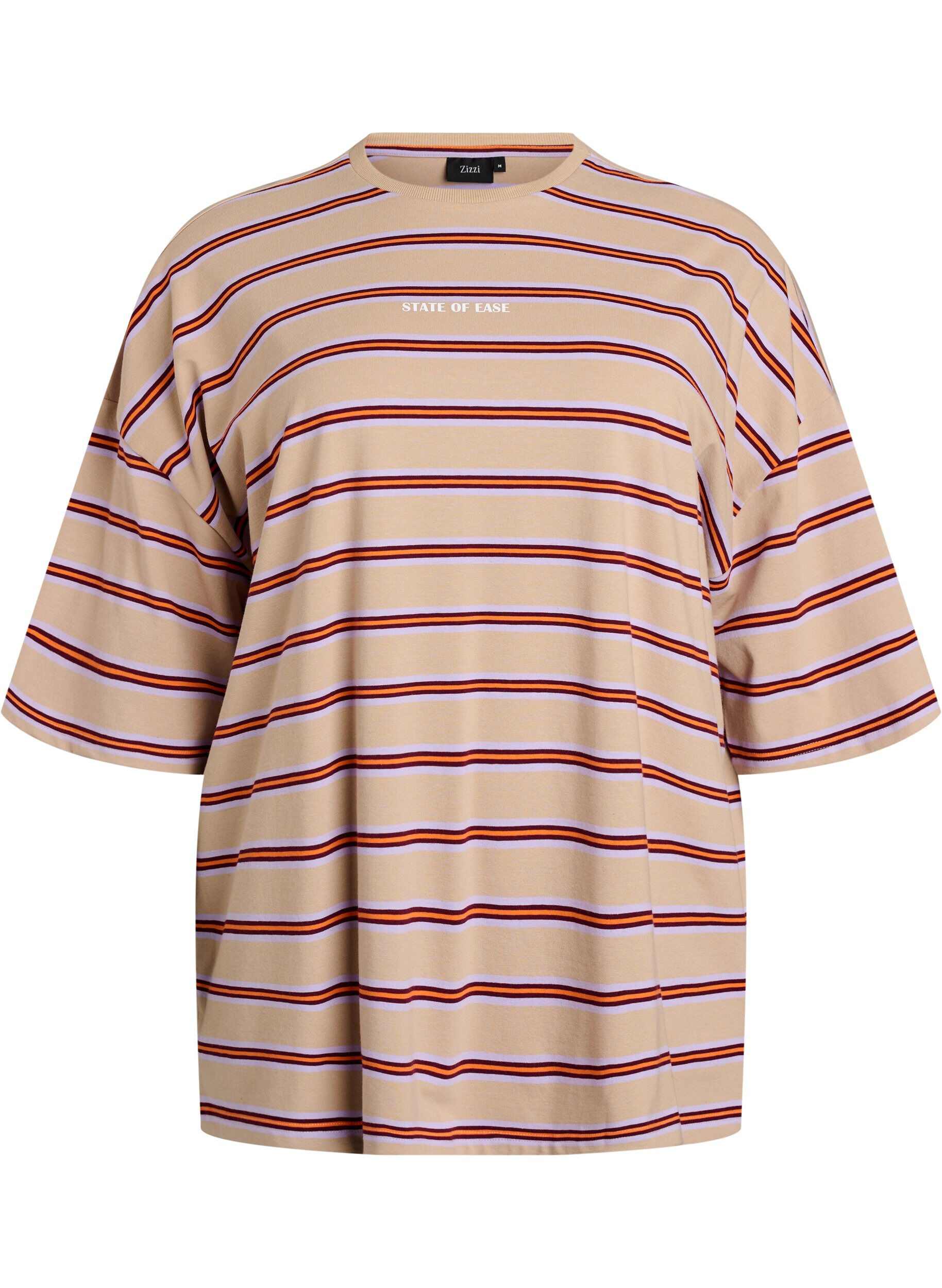 Zizzifashion Oversized T-shirt with stripes and 1/2 sleeves, Beige, Packshot image number 0