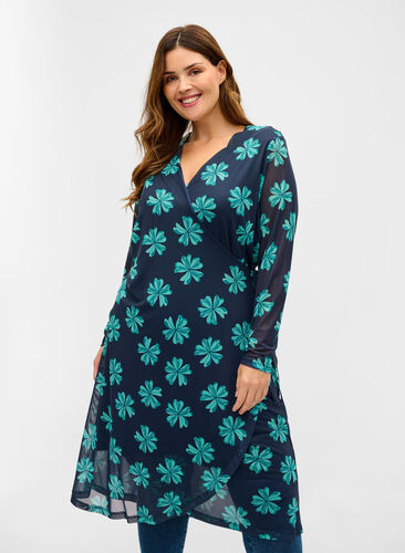Printed wrap mesh dress, Night Sky w Green , Model image number 0
