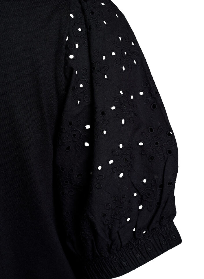 T-shirt with Broderie Anglaise sleeves, Black, Packshot image number 3