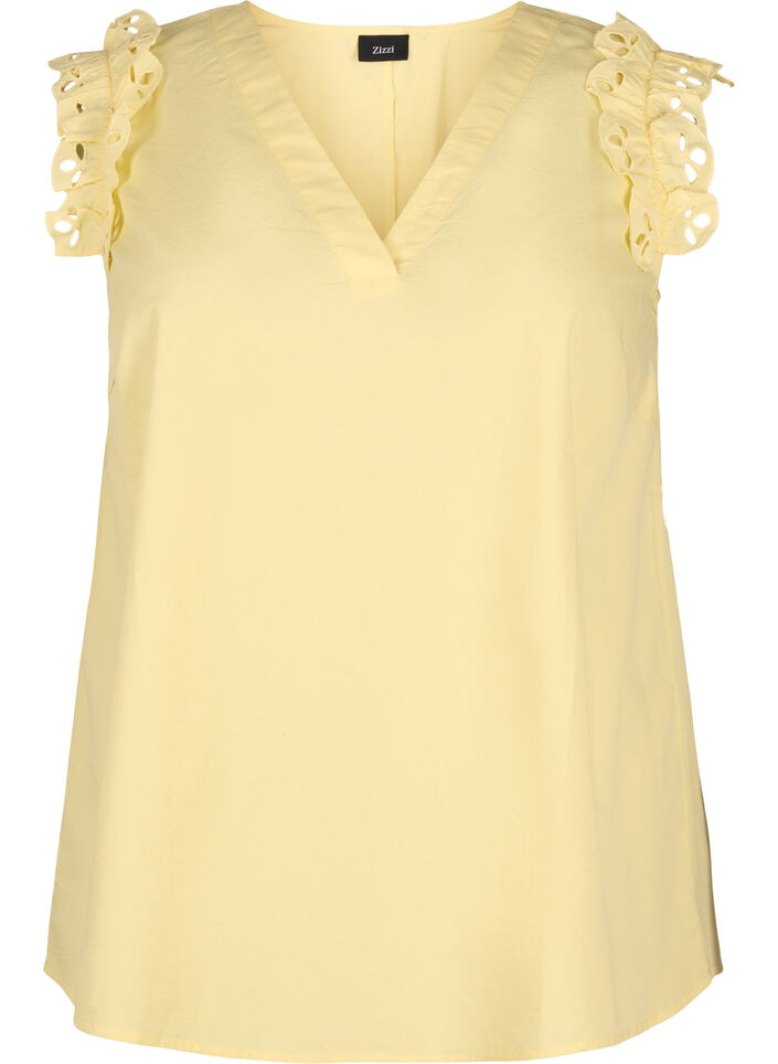 Sleeveless cotton top with ruffles, Yellow, Packshot image number 0