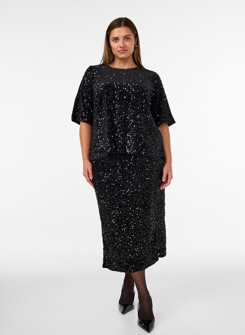 Midi skirt with sequins and slits, Black, Model image number 0