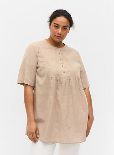 Short-sleeved tunic with buttons, Simply Taupe, Model image number 0