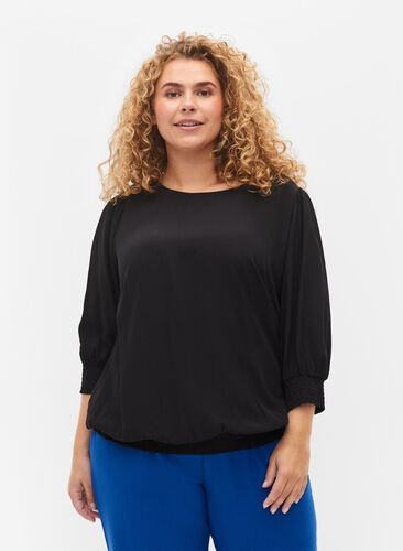 Solid-coloured viscose blouse with a balloon effect, Black, Model image number 0
