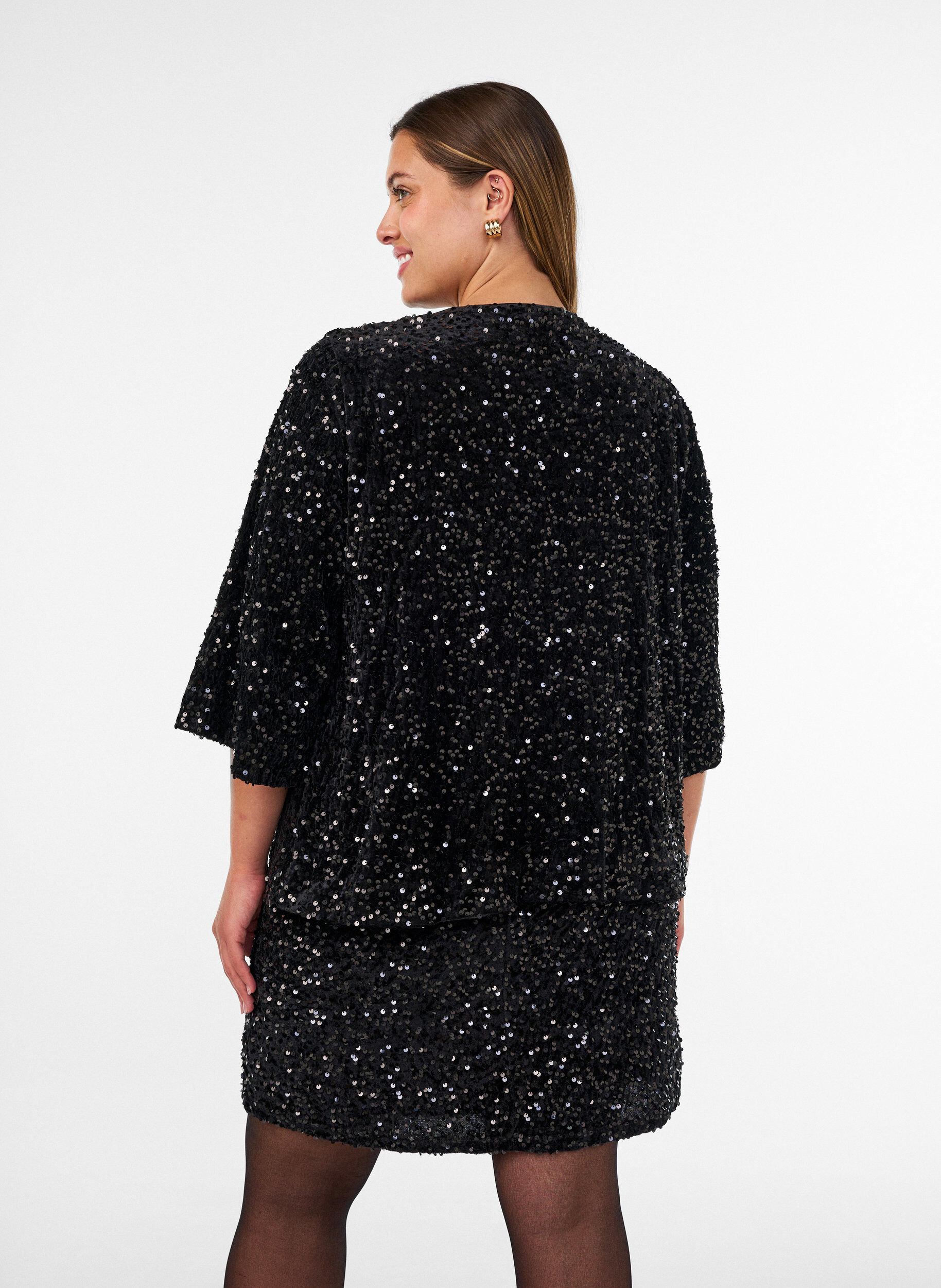 ZizzifashionCardigan with sequins and 3/4 sleeves, Black, Model image number 2