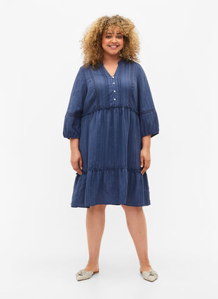 Striped viscose dress with lace band and 3/4 sleeves, Vintage Indigo, Model image number 2