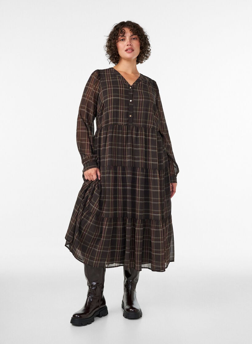Checked midi dress with a tiered skirt, Brown, Model image number 0