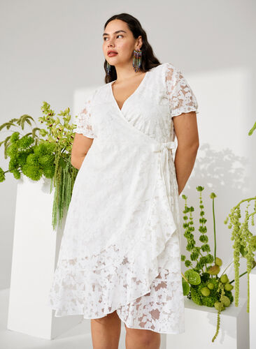 lace wrap dress white Cami Angel Sleeve Faux Wrap Dress White