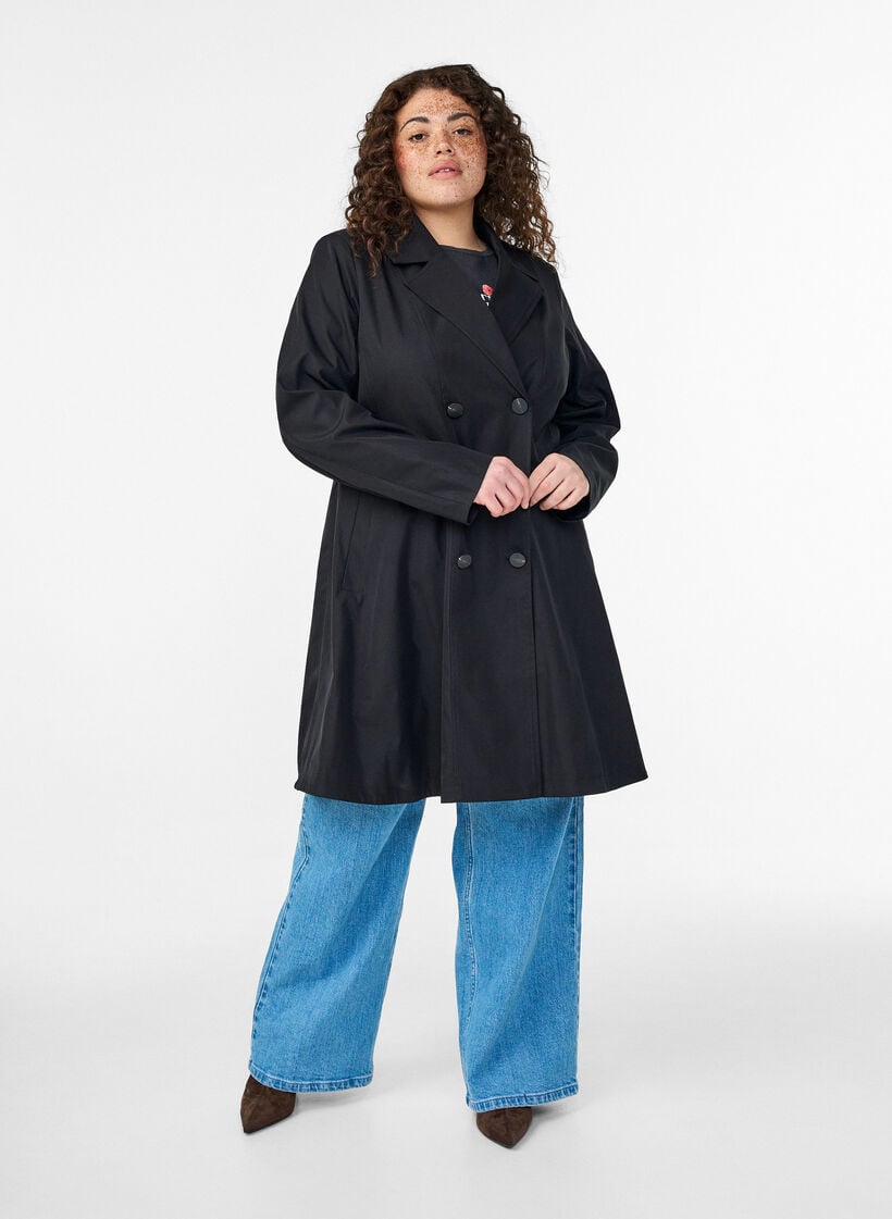 A-line spring coat with double-breasted fastening, Black, Model image number 1