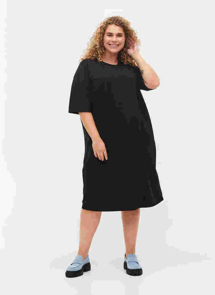 Short-sleeved cotton dress with slits, Black, Model image number 2