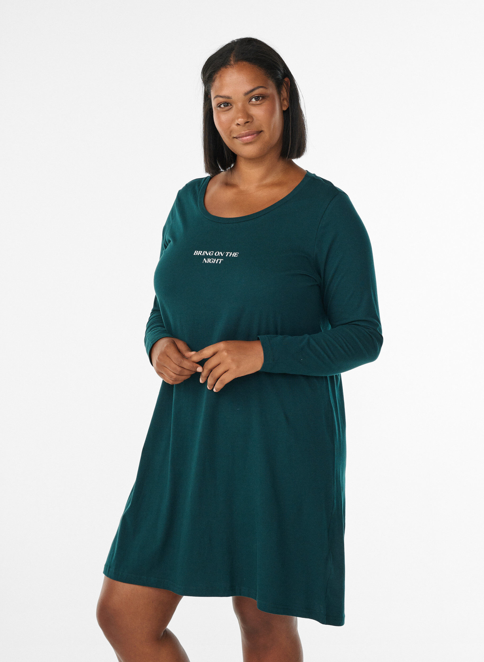 ZizzifashionLong-sleeved nightgown in organic cotton, Green, Model image number 0