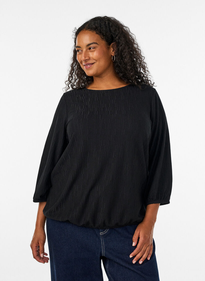 Blouse with texture and 3/4 sleeves, Black, Model image number 0