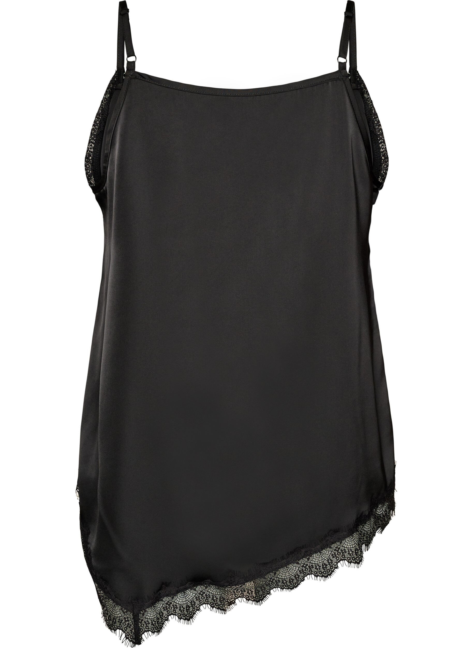 Zizzifashion Satin top with lace trim and asymmetric hem, Black, Packshot image number 1