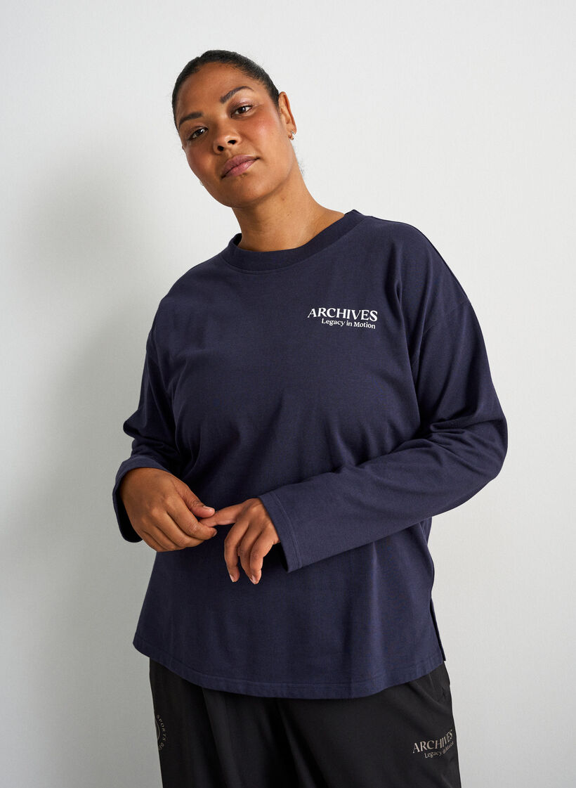 Long-sleeved jersey blouse with text print, Blue, Model image number 0