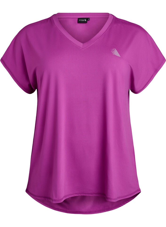 Short-sleeved workout t-shirt with v-neck, Purple, Packshot image number 0