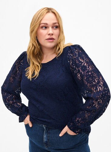 Lace blouse with long sleeves, Navy Blazer, Model image number 0