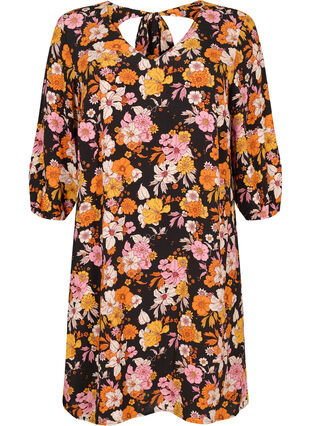 Floral viscose dress with 3/4 sleeves, Black Flower AOP, Packshot image number 0