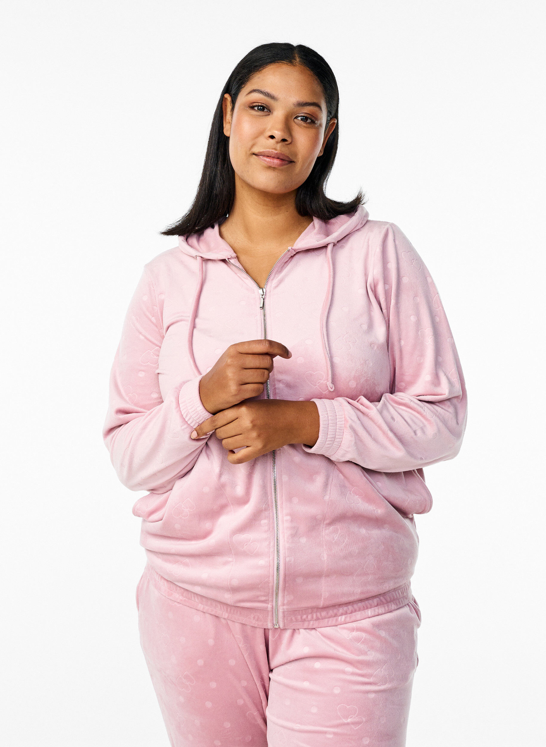 Zizzifashion Velour cardigan with hood and pockets, Pink, Model image number 0