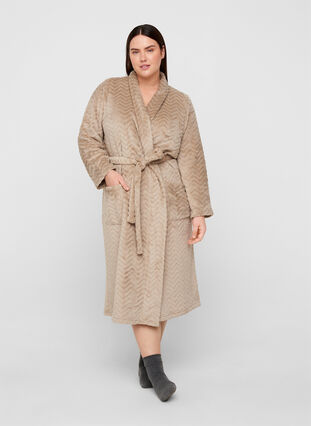 Long dressing gown with pockets, Cuban Sand, Model image number 0