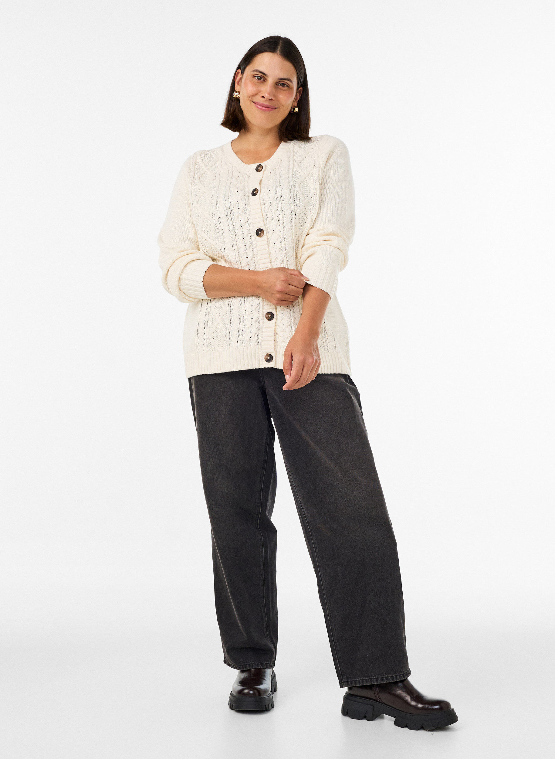 ZizzifashionCardigan with cable-knit pattern, Vanilla, Model image number 1
