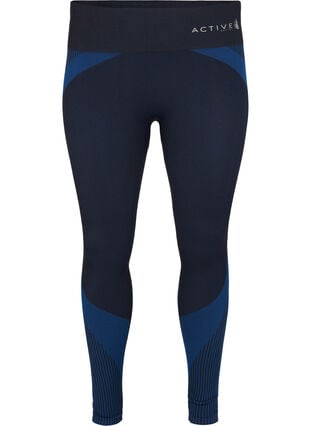 Seamless sport tights with stripes, Black w. Blue Depths, Packshot image number 0