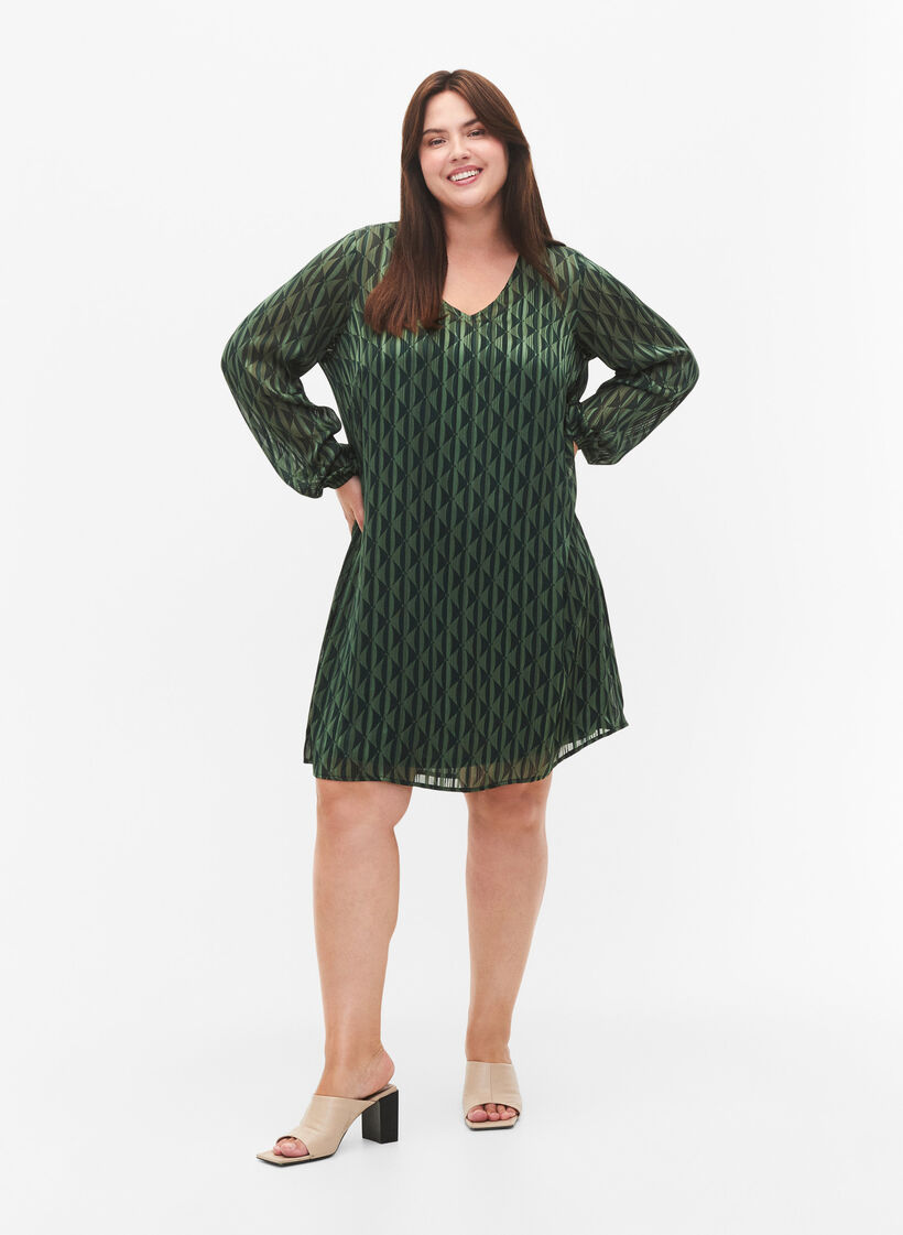 Long-sleeved dress with V-neck and print, Scarab AOP, Model image number 2