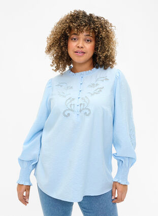 Blouse with ruffles and broderie anglaise, Chambray Blue, Model image number 0