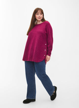 Knitted melange pullover with pearl buttons on the sides	, Raspberry Mel., Model image number 2