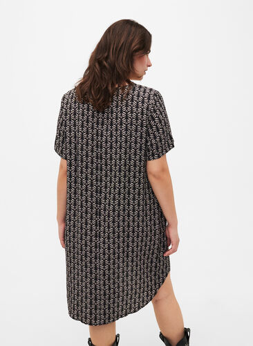 Dress with print and short sleeves, Black S. Graphic AOP, Model image number 1