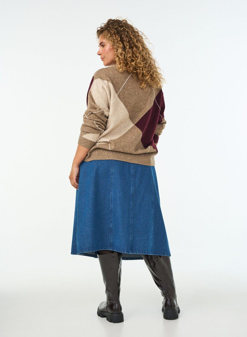 A-line denim skirt with wavy button placket, Blue, Model image number 1
