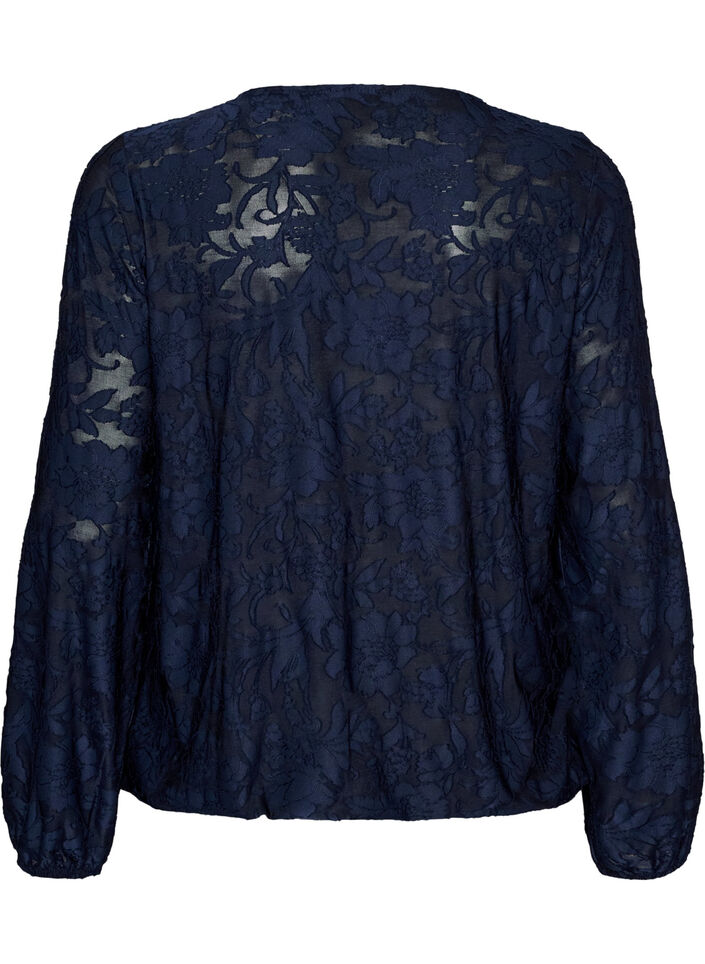Sheer blouse with floral texture and long sleeves, Blue, Packshot image number 1
